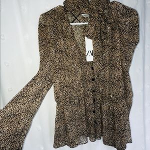 Zara Leapard Puff Shoulder Tie Neck top.